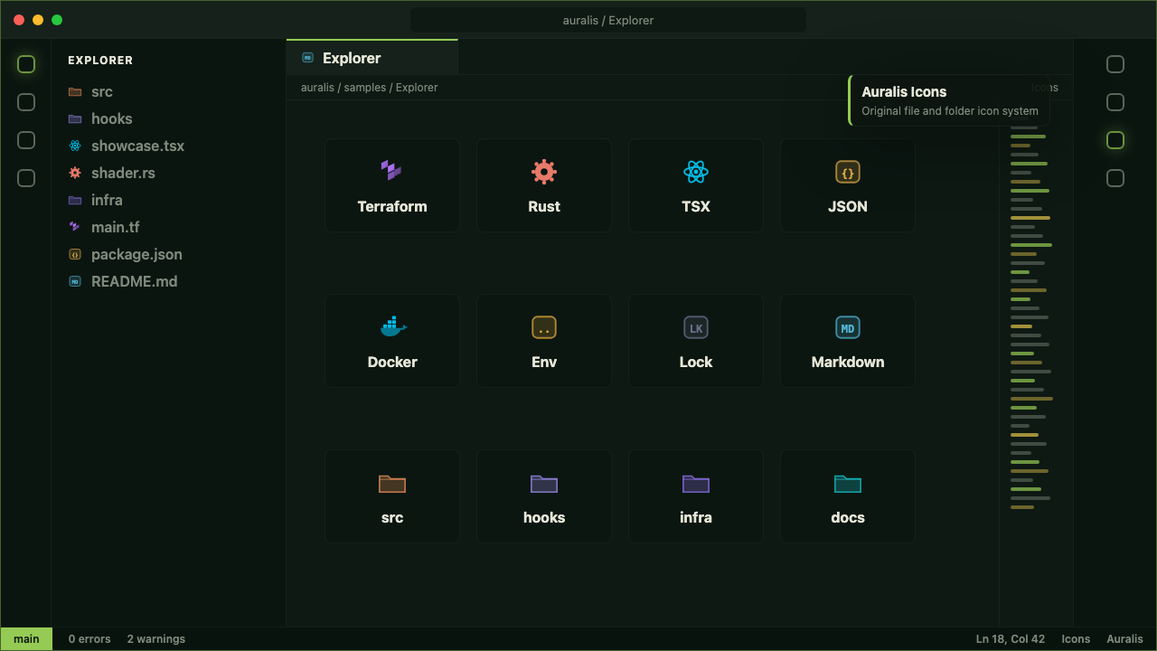 Auralis hand-drawn file icons: Terraform, Rust, TSX, JSON, Docker, Env, Lock, Markdown, and colored folders